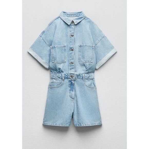 Zara Womens Romper M Blue Denim Jean Light Wash Short Sleeve 7147/035 NWT - Picture 3 of 9
